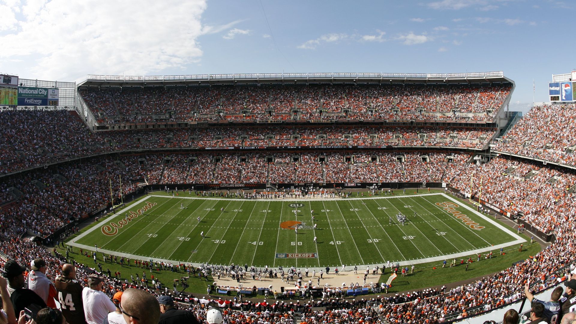 A sky shot of Browns Stadium. 