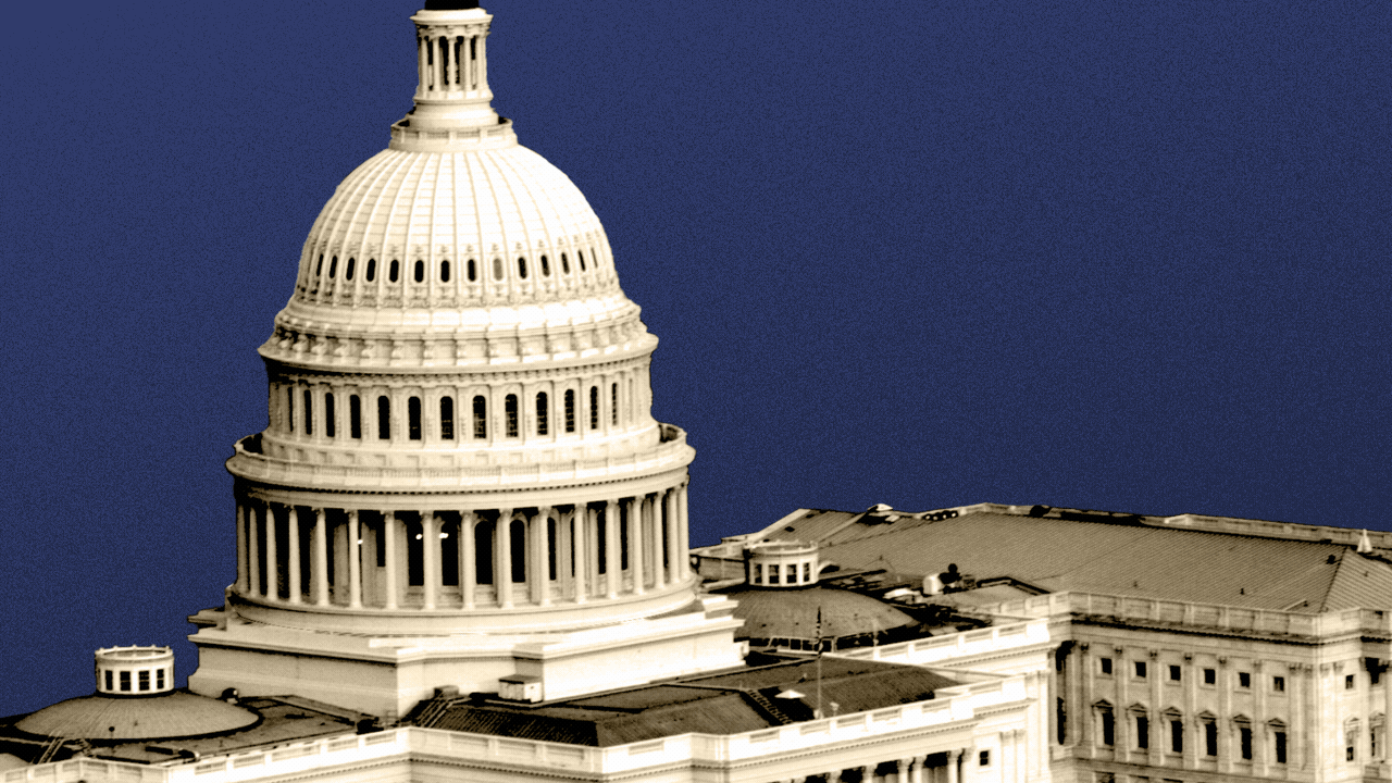 Animated illustration of the US Capitol dome lifting like a trash barrel lid, and crumpled paper balls being thrown inside it.