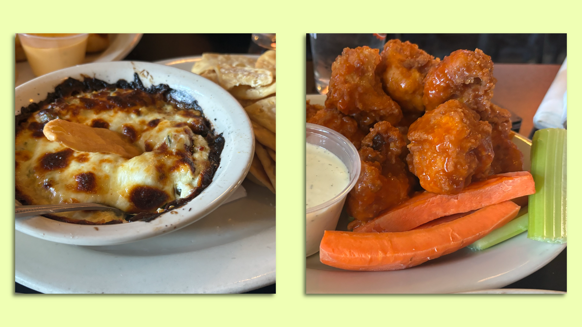 Side by side photos of a dip with a chip in it and buffalo cauliflower. 