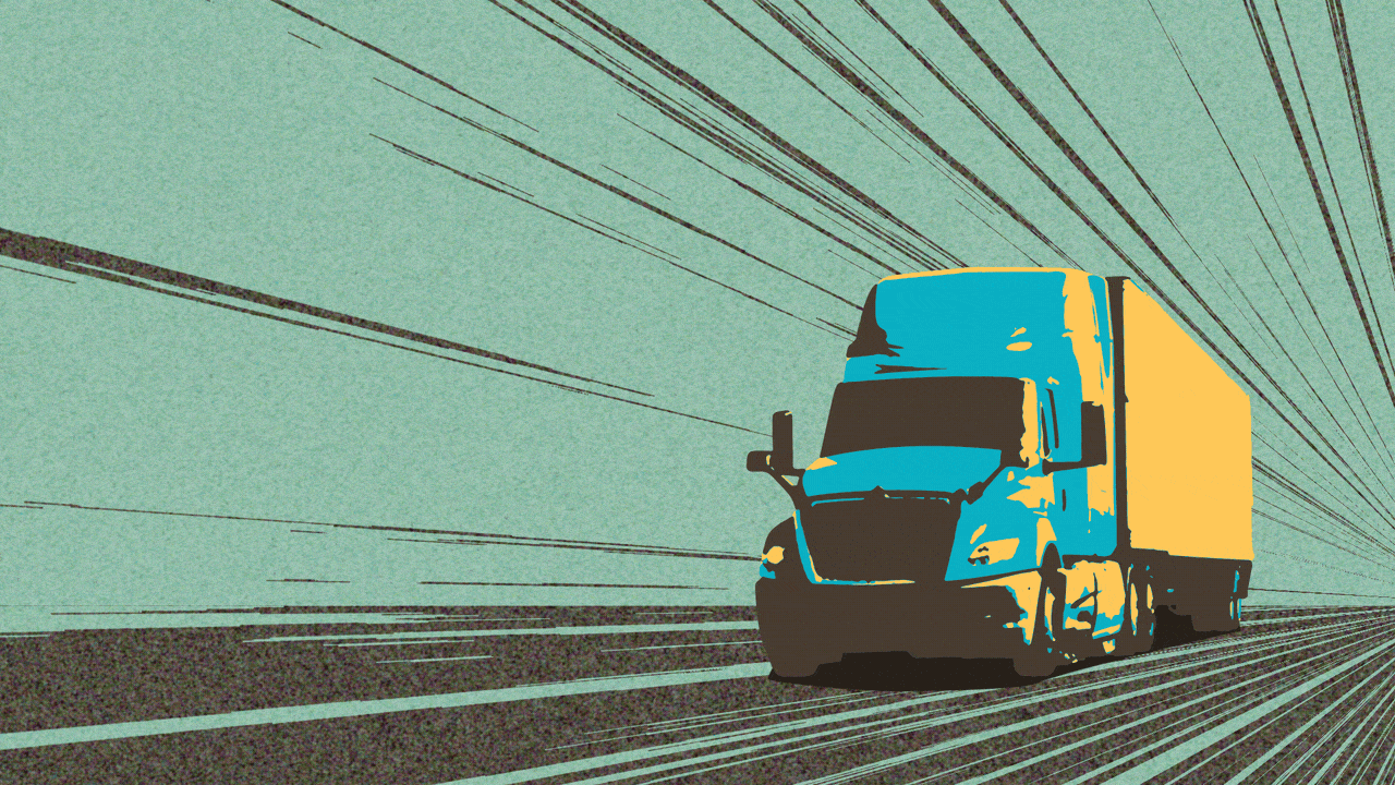 Animated illustration of an 18-wheeler truck driving with speed lines surrounding it.