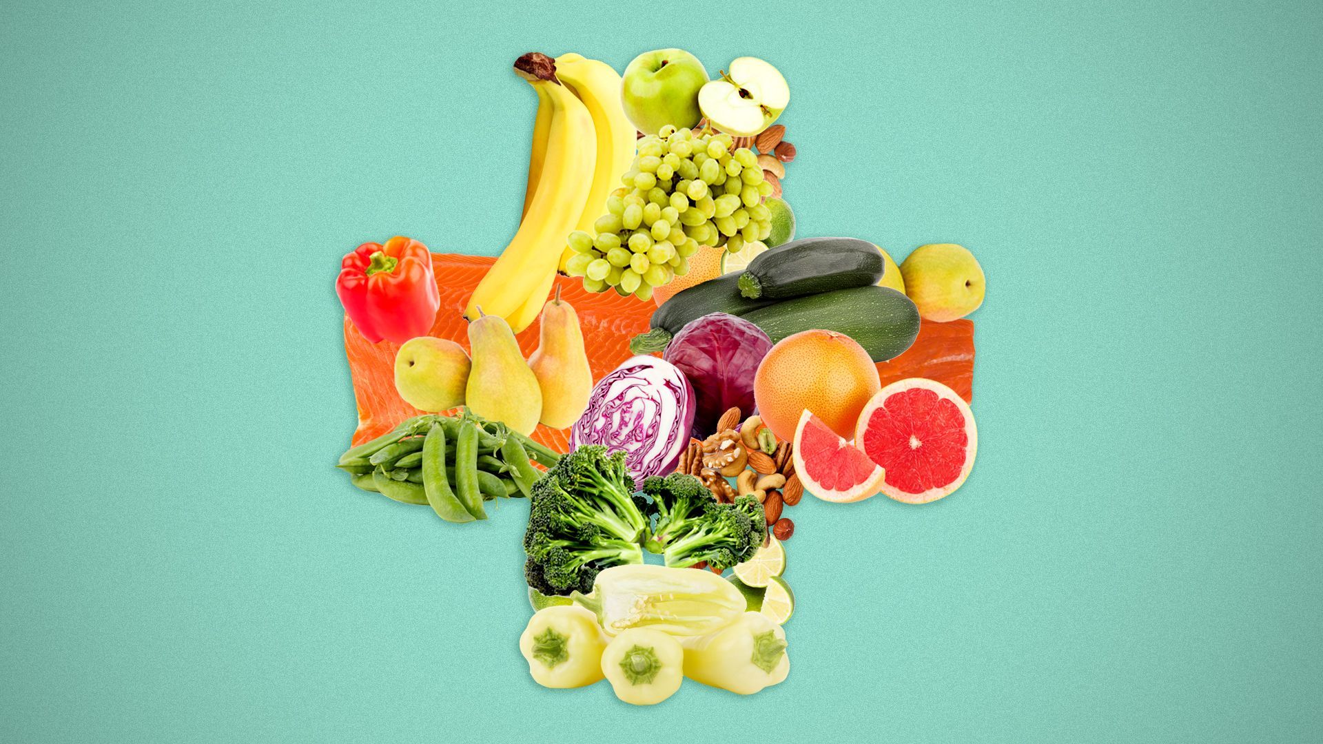 Illustration of a red cross made of fruits, vegetables, nuts and seafood.