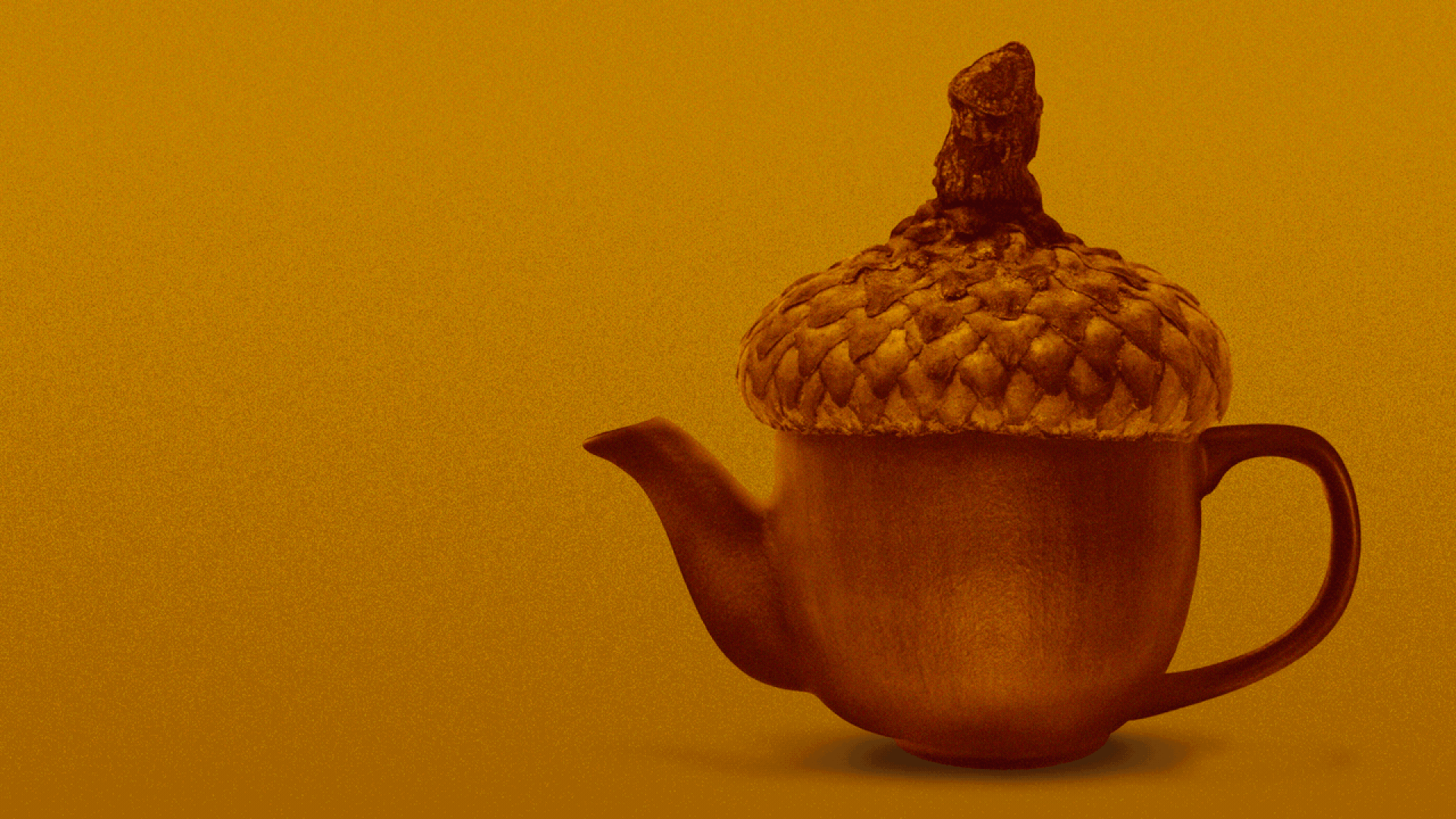 Illustration of a teapot made out of an acorn with steam coming from the spout.