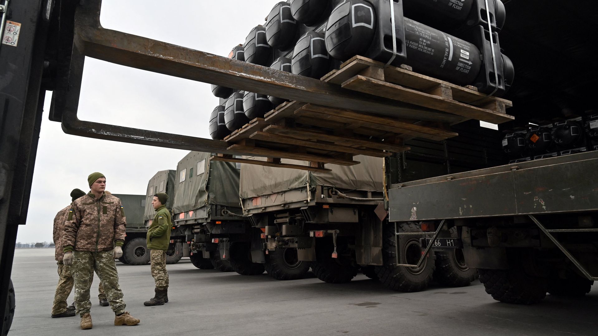 A pallet of Javelin anti-tank missiles is seen being loaded onto a truck in Ukraine.