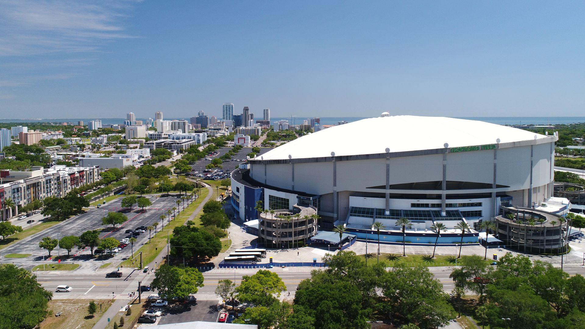 An aerial view shows a general view of Tropicana Field and the surrounding city
