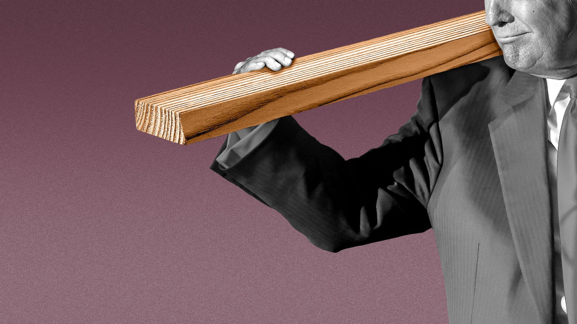 Illustration of Donald Trump holding a two-by-four over his shoulder.