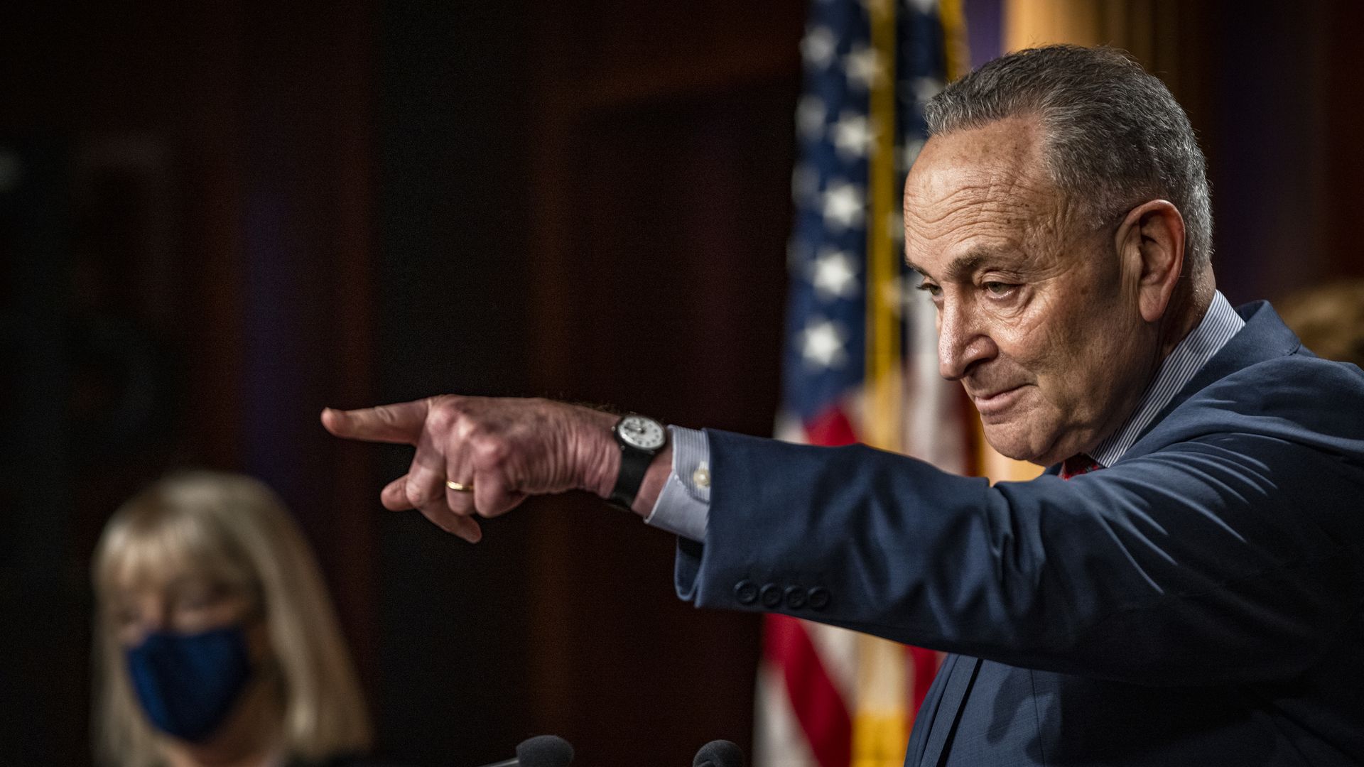 Senate Majority Leader Chuck Schumer takes a question during a press conference at the U.S. Capitol in Washington, D.C.
