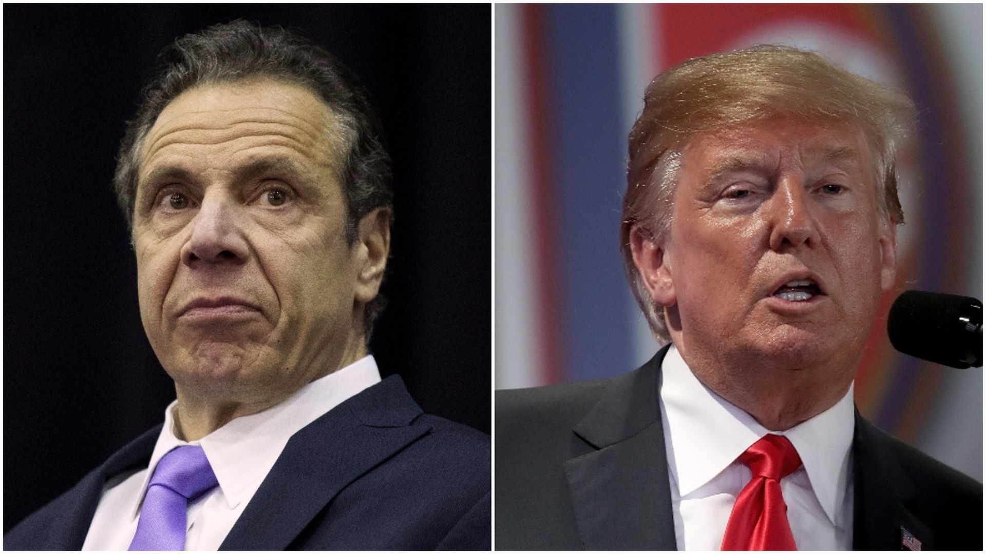 Close ups of New York Gov Andrew Cuomo on left, Donald Trump on right