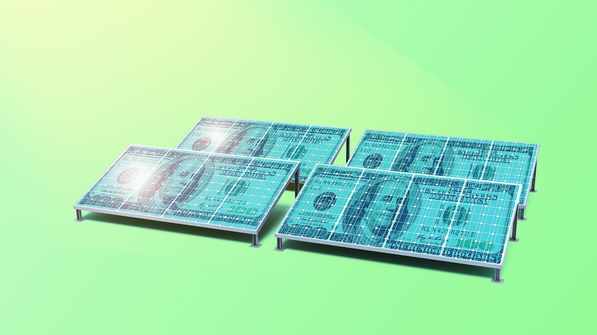 In this illustration, solar panels are designed to look like 100 dollar bills.