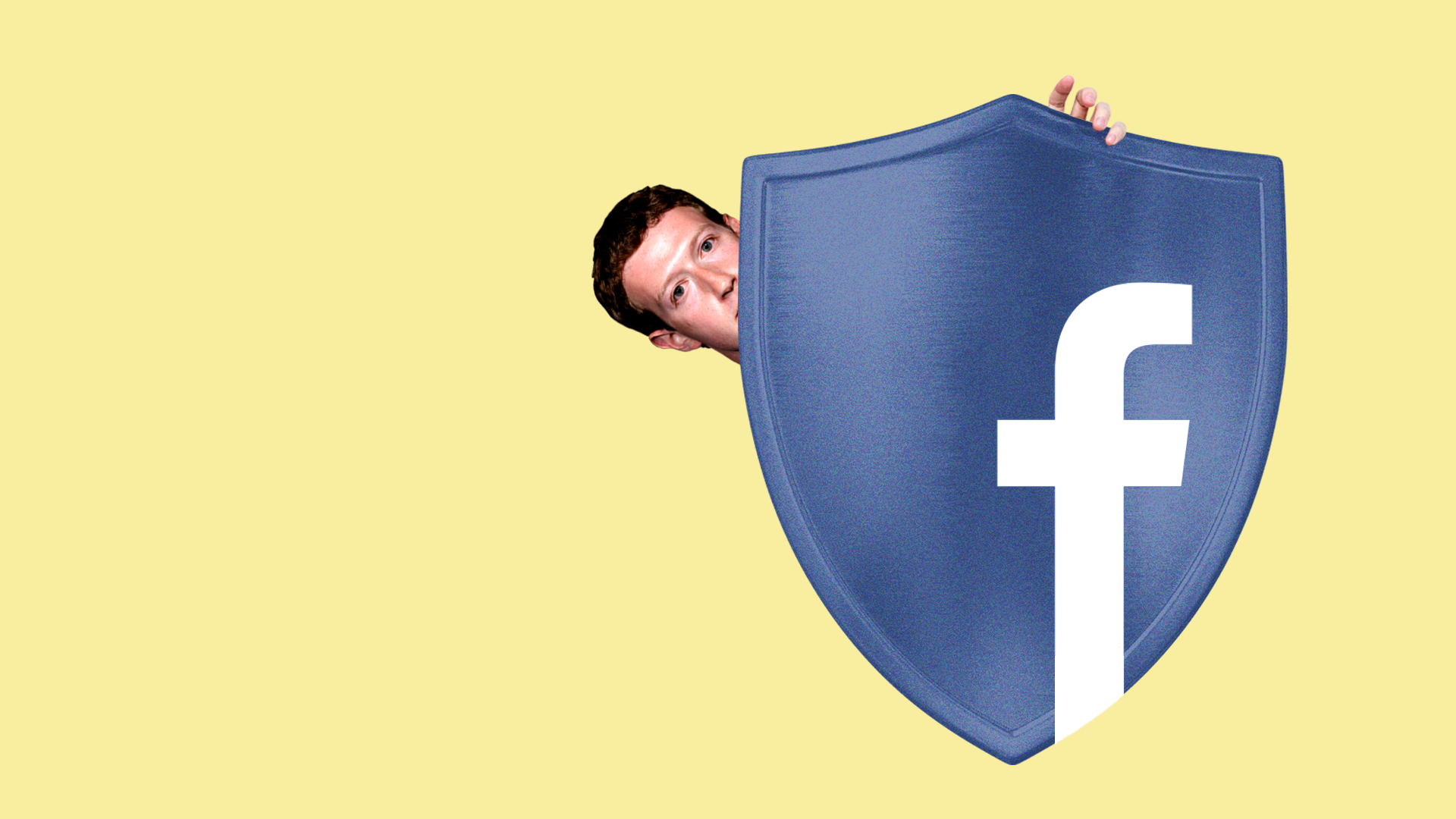 Mark Zuckerberg looks out from behind a shield with the Facebook logo on it