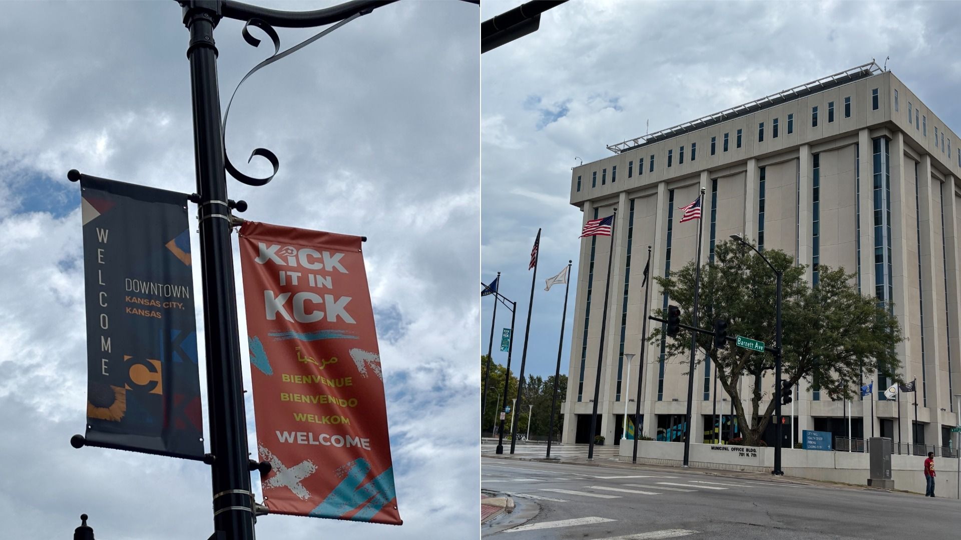 Split image: left shows a black decorative lamppost with vertical banners reading "WELCOME" and "KICK IT IN KCK" against a cloudy sky; right shows a tall beige government building with many windows and flags at a street corner.