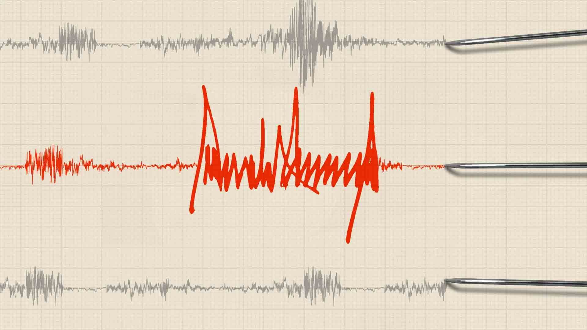 Illustration of a seismograph with three readings, one of which is in read and showing the signature of President Trump