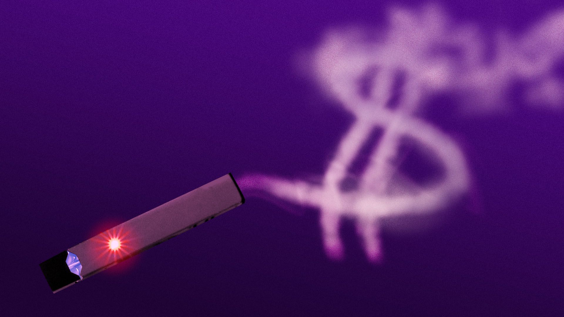 Illustration of a juul device forming a dissipating dollar sign in vapor 