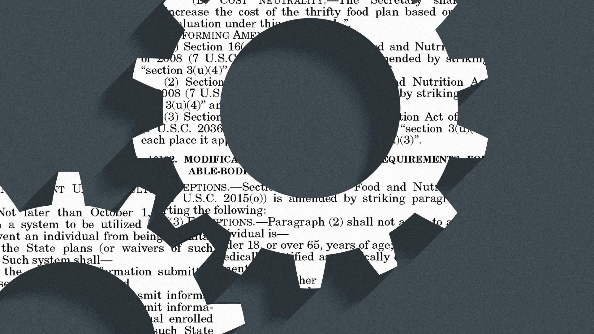 Illustration of gears overlaid with printed text from the "One Big Beautiful" bill.