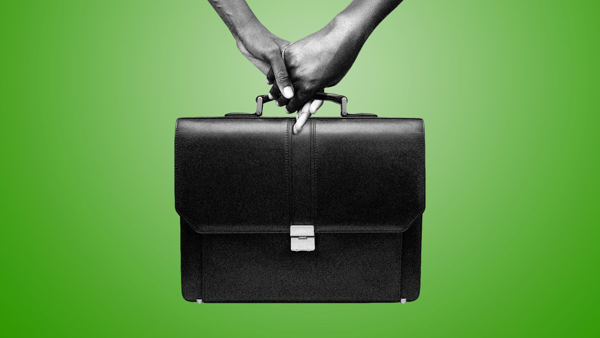 Illustration of two people holding hands and a briefcase at the same time.