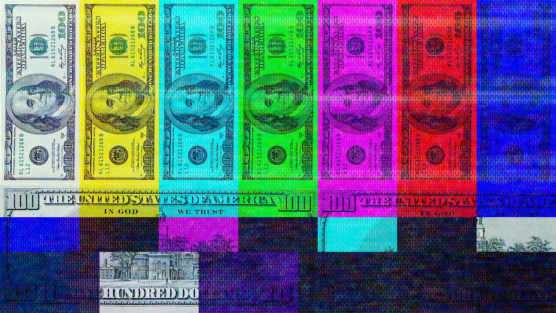 Illustration of a television test pattern made of hundred dollar bills.