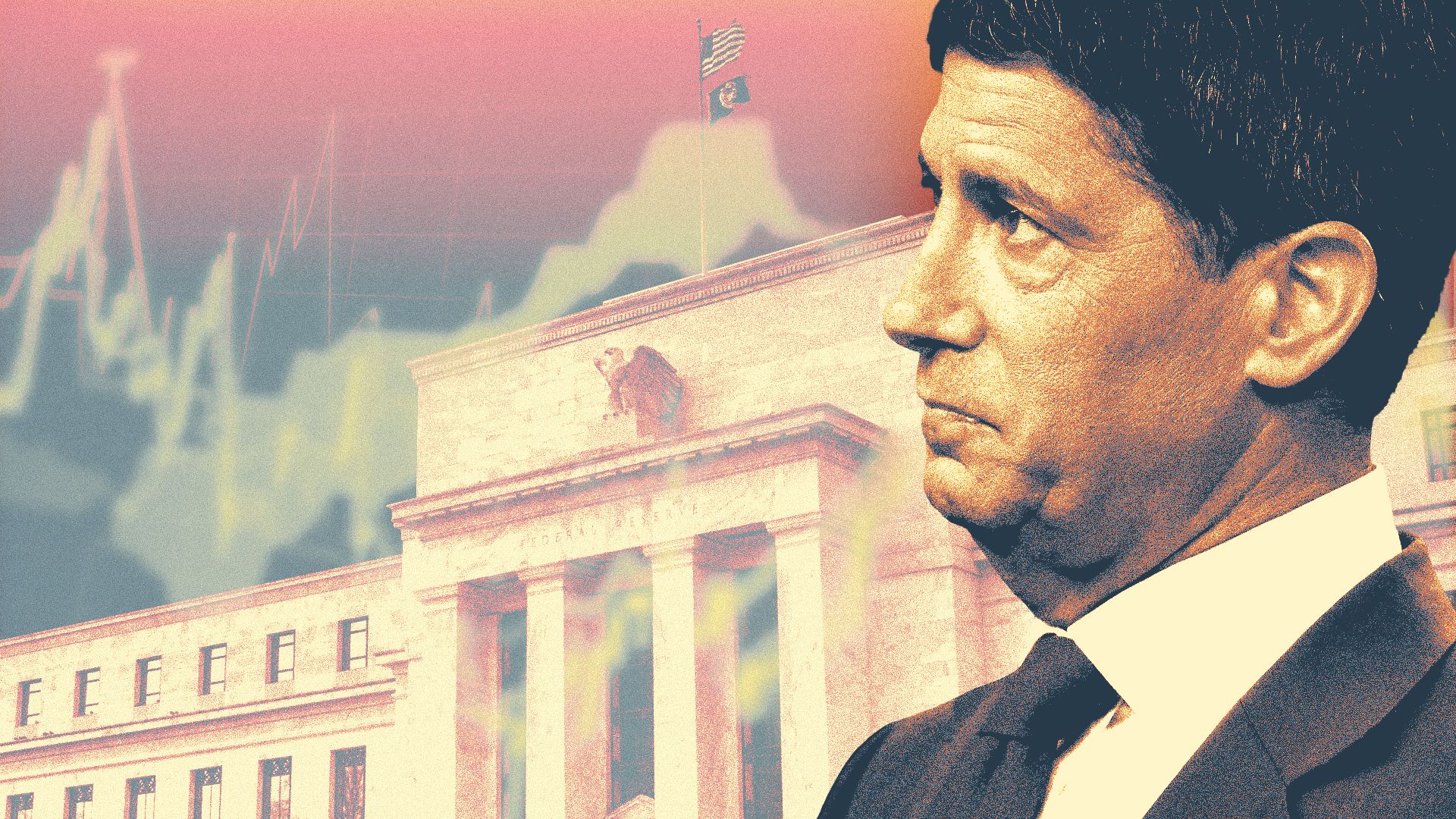 Photo illustration of Federal Reserve Chair Warsh in front of the Federal Reserve Building with chart and stock elements in the background