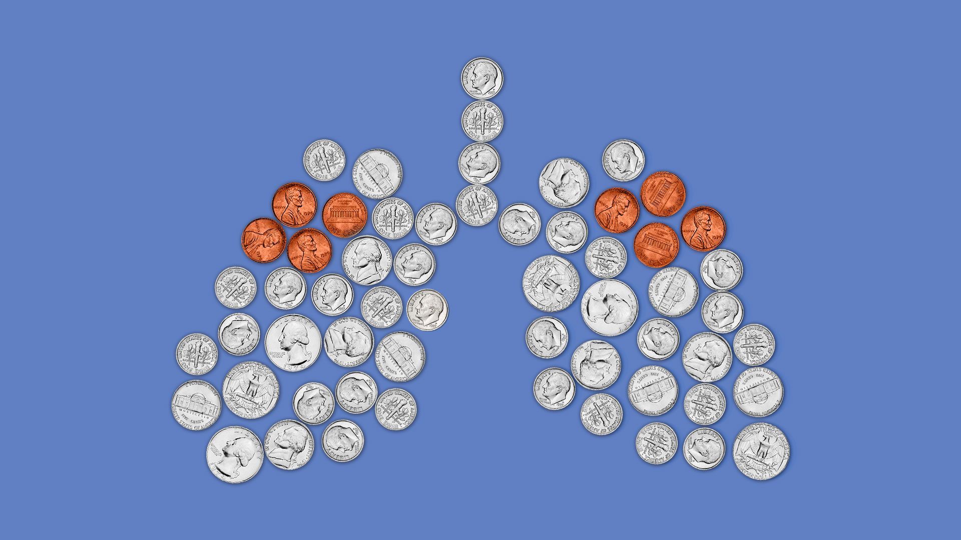Illustration of lungs made of coins, with a couple differently colored (copper pennies with silver nickels)