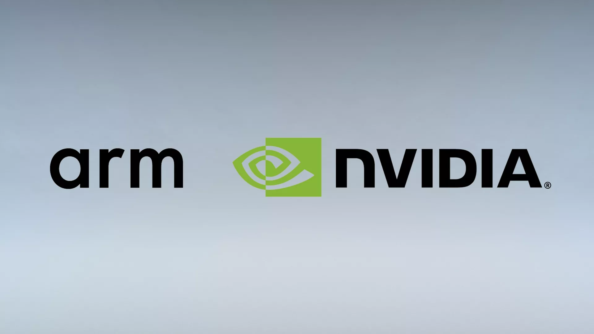 The words "Arm" and "Nvidia" against a grey background with the Nvidia logo in the middle.