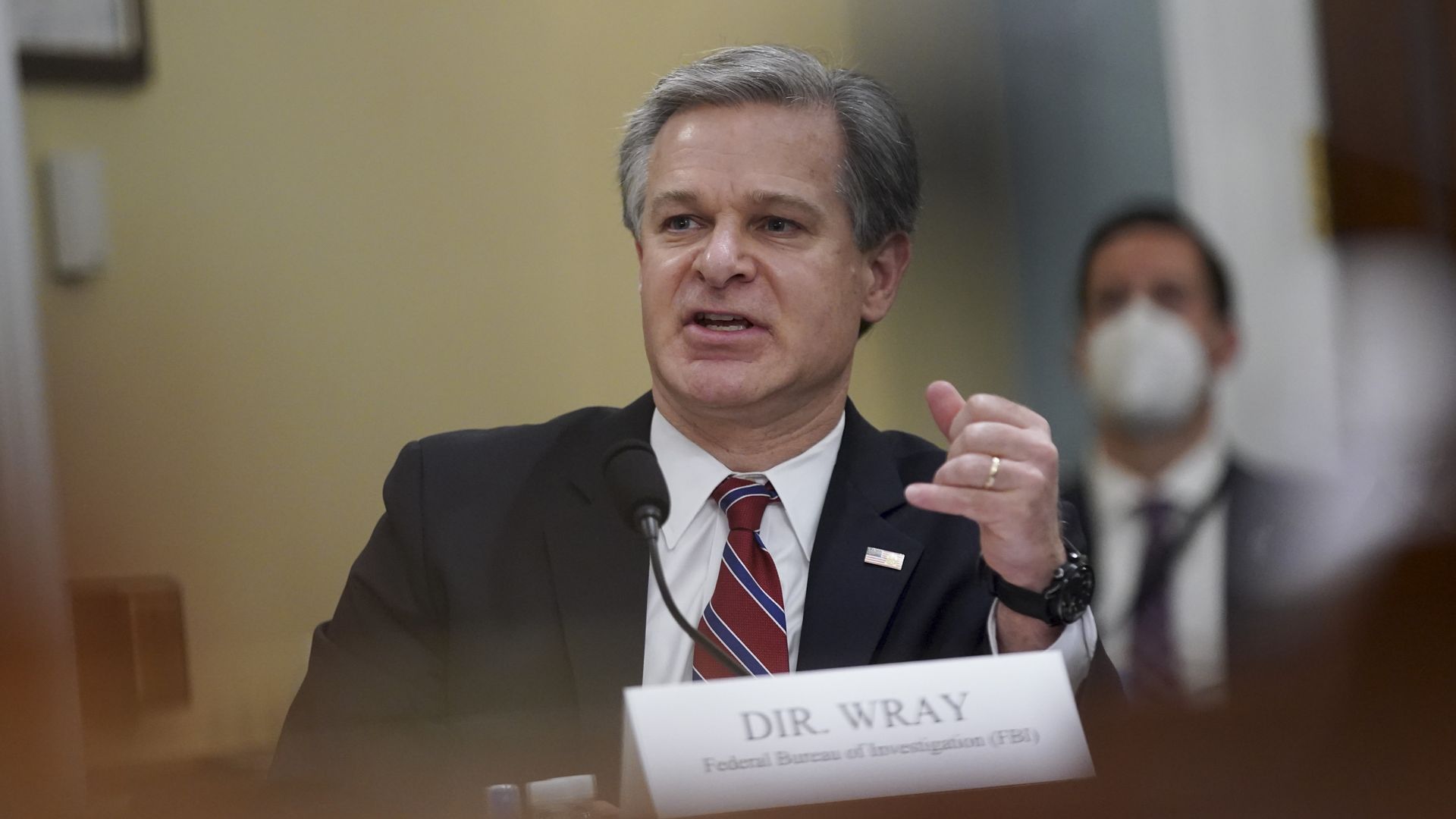 FBI Director Christopher Wray speaking during a House committee hearing in April 2021.