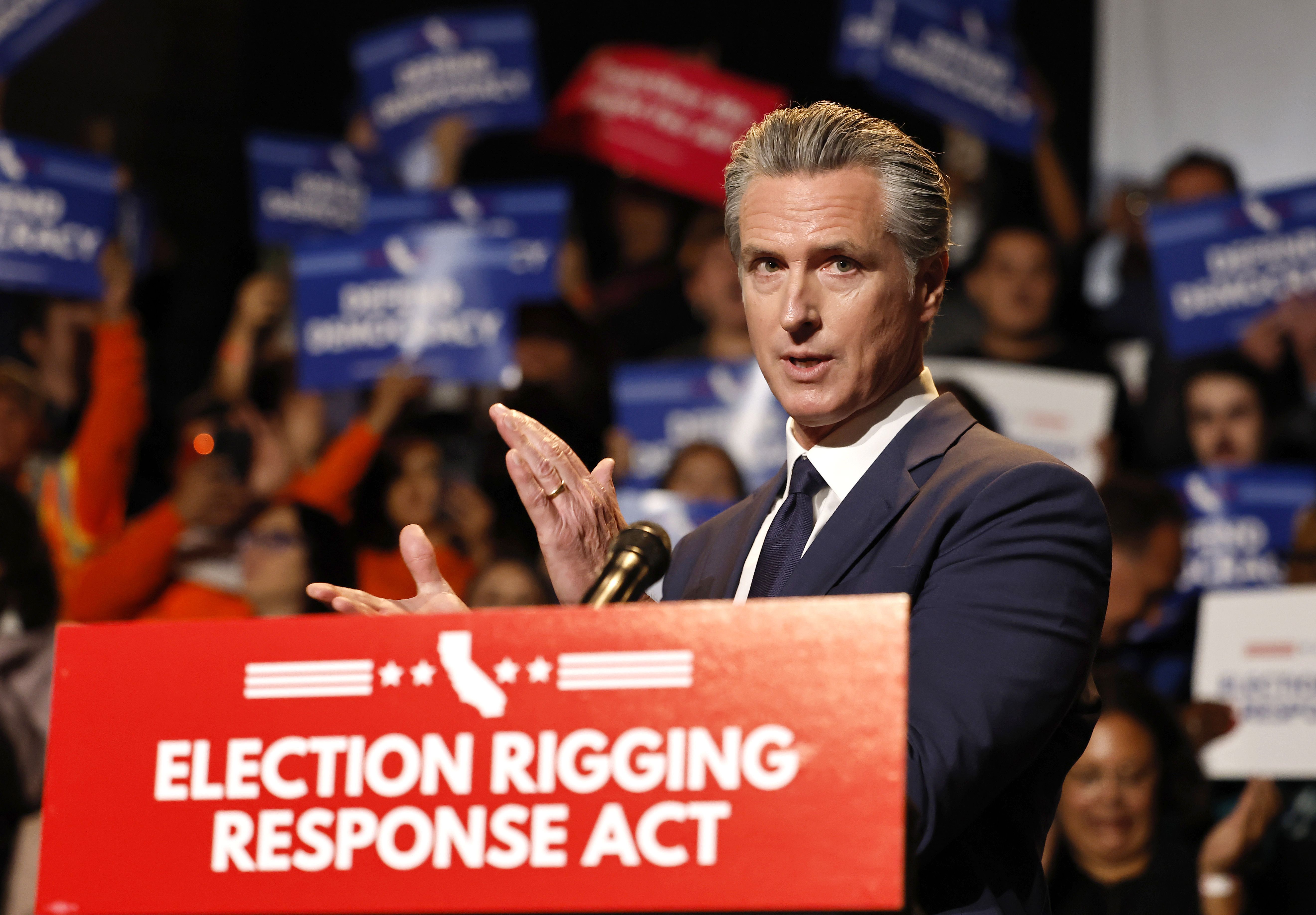 California Gov. Gavin Newsom speaks about his redistricting plans at a Los Angeles rally last week.