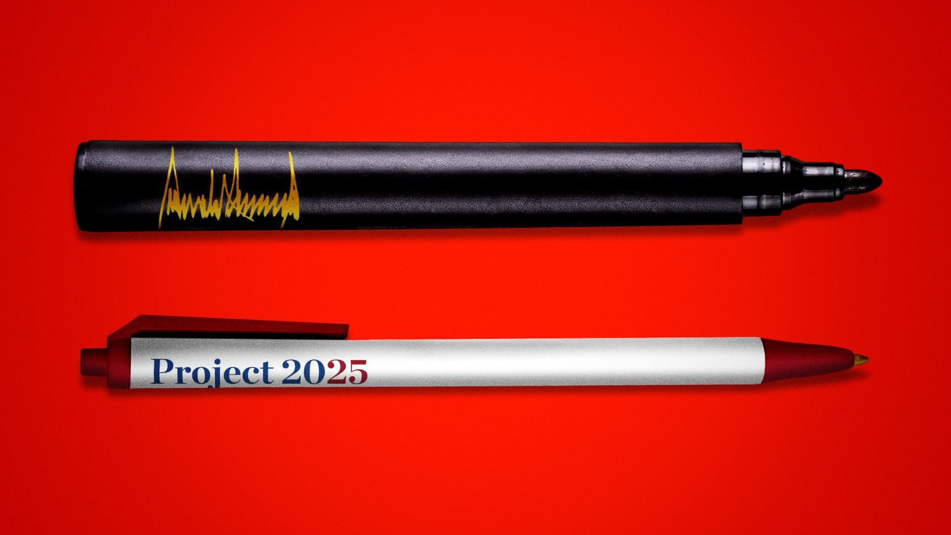 Illustration of two parallel pens; one is Donald Trump's famous black marker and the other says "Project 2025" on the side.