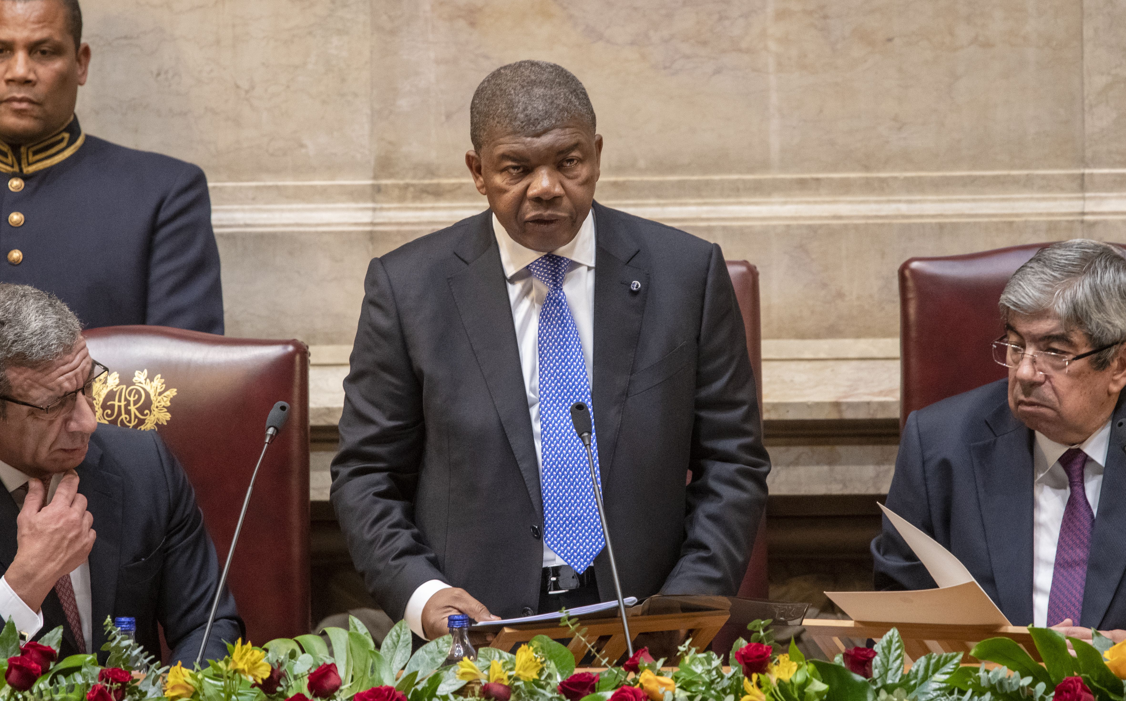 The President of Angola João Lourenço speaks at a parliamentary plenary session in his honor on November 22, 2018 in Lisbon