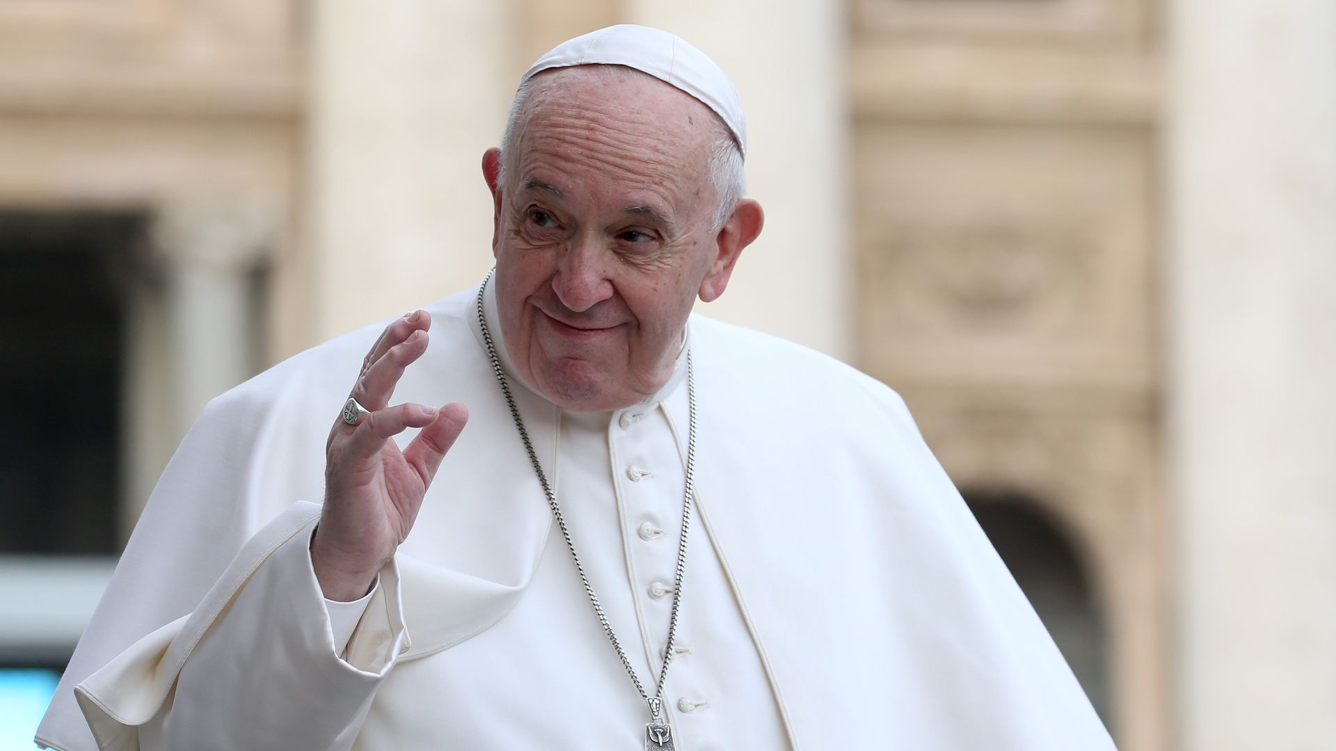  Pope Francis waves to the faithful as he arrives in St. Peter's Square for his weekly audience, on February 26, 2020 in Vatican City, Vatican. 