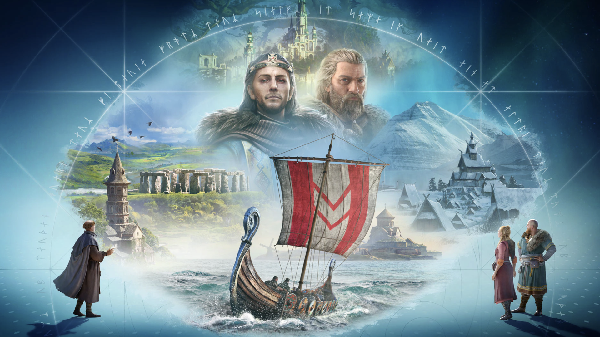 Artwork showing a Viking, a monk and various landmarks in England and Norway