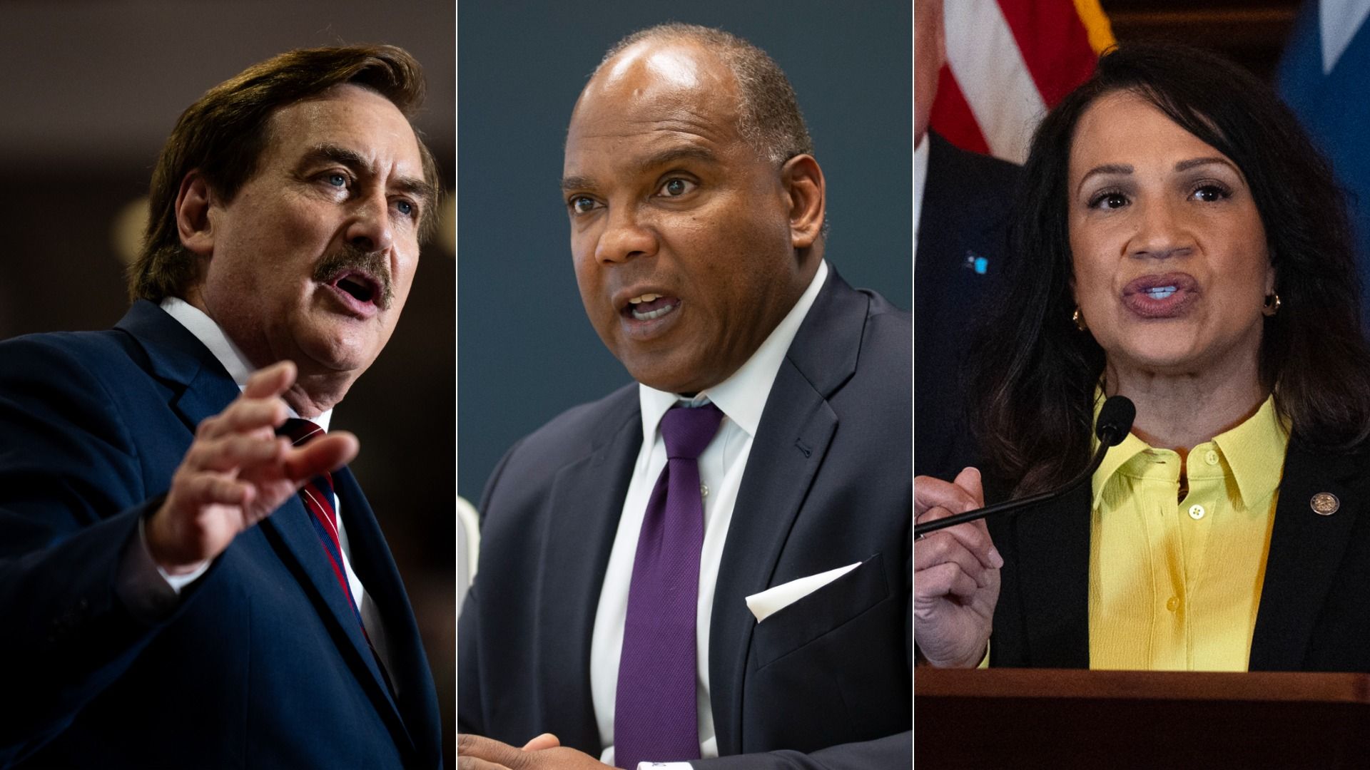 Side-by-side pictures of Mike Lindell, Kendall Qualls and Lisa Demuth