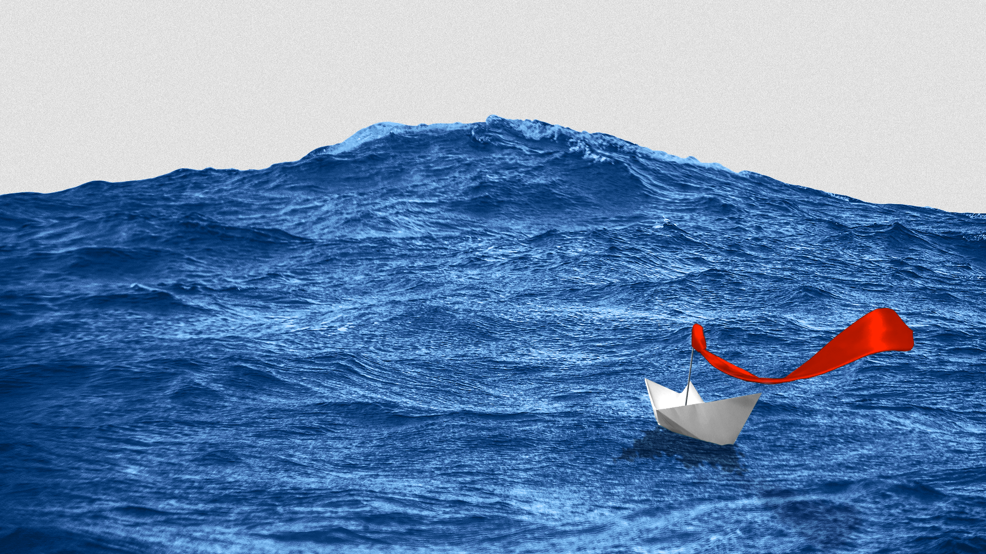 Illustration of a paper boat with a red tie as a flag going up against a giant blue wave. 