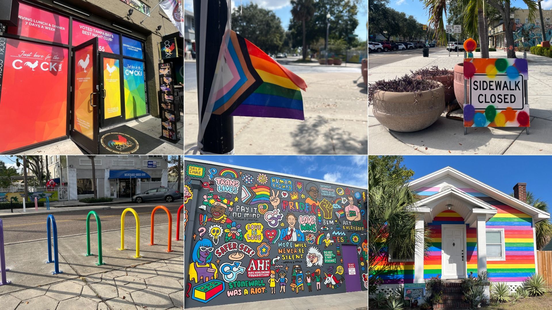 Collage of 6 images featuring rainbow-themed elements: a restaurant entrance with colorful rooster signs, a progressive pride flag on a pole, a sidewalk closed sign decorated with rainbow colors, rainbow-colored bike racks, a mural with pride messages, and a small house painted with rainbow stripes.