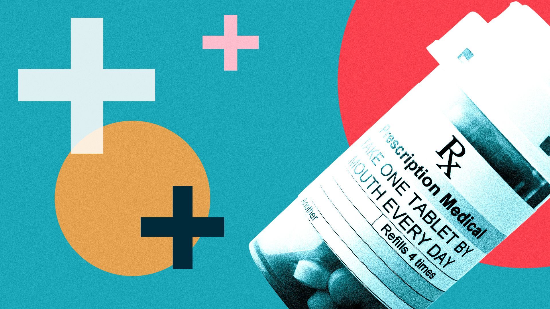 Illustration of a prescription bottle surrounded by plus signs and circles