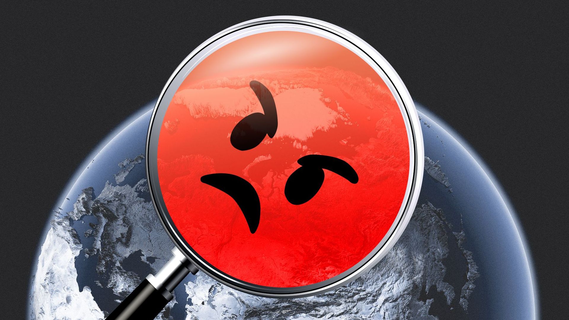 Illustration of a mad emoji face on a magnifying glass, which is examining Europe and Asia on a globe