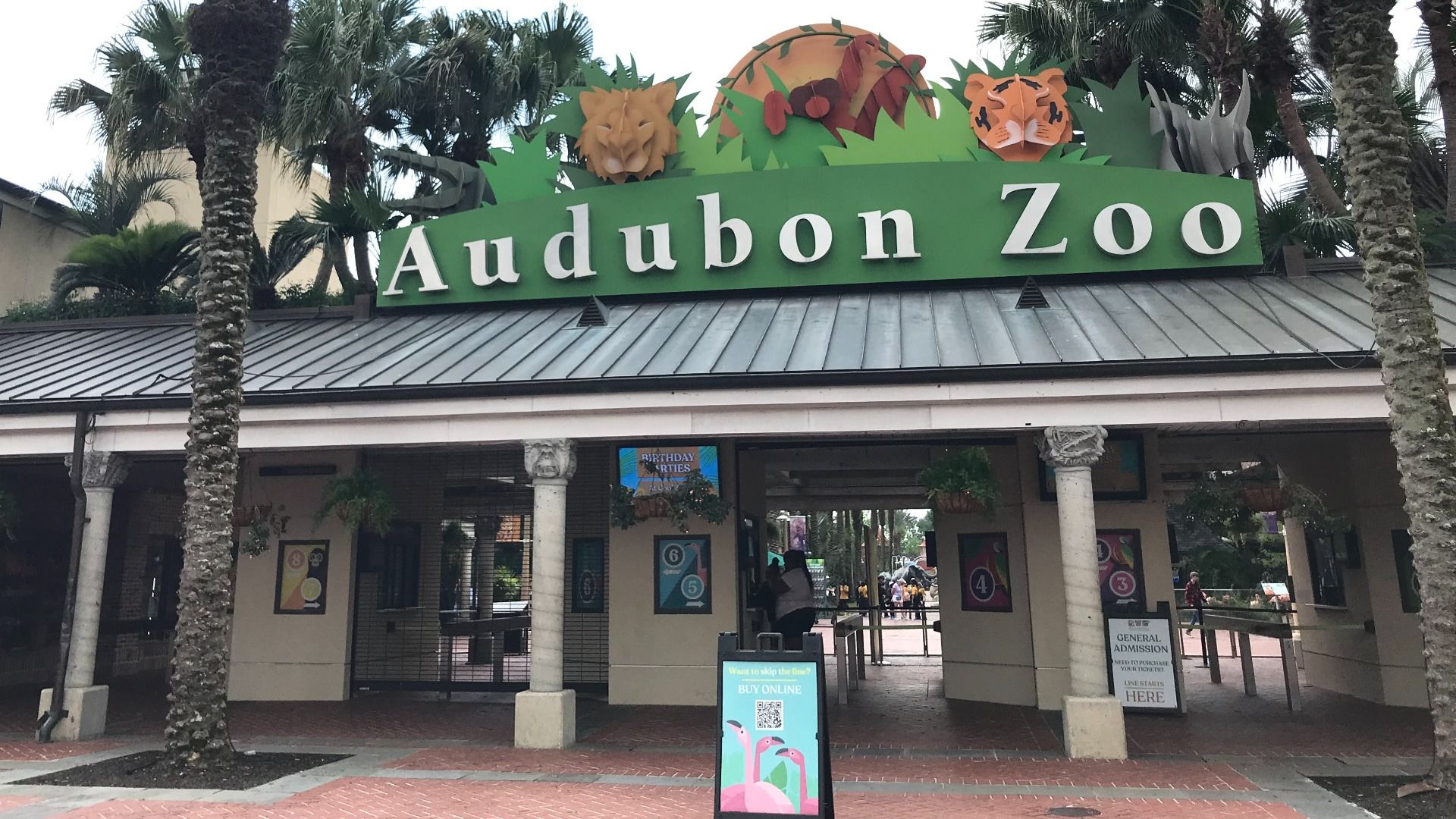 Entrance to Audubon Zoo with green sign featuring animal faces, palm trees, and ticket windows shaded by a metal roof. A buy online sign with pink flamingos is visible.