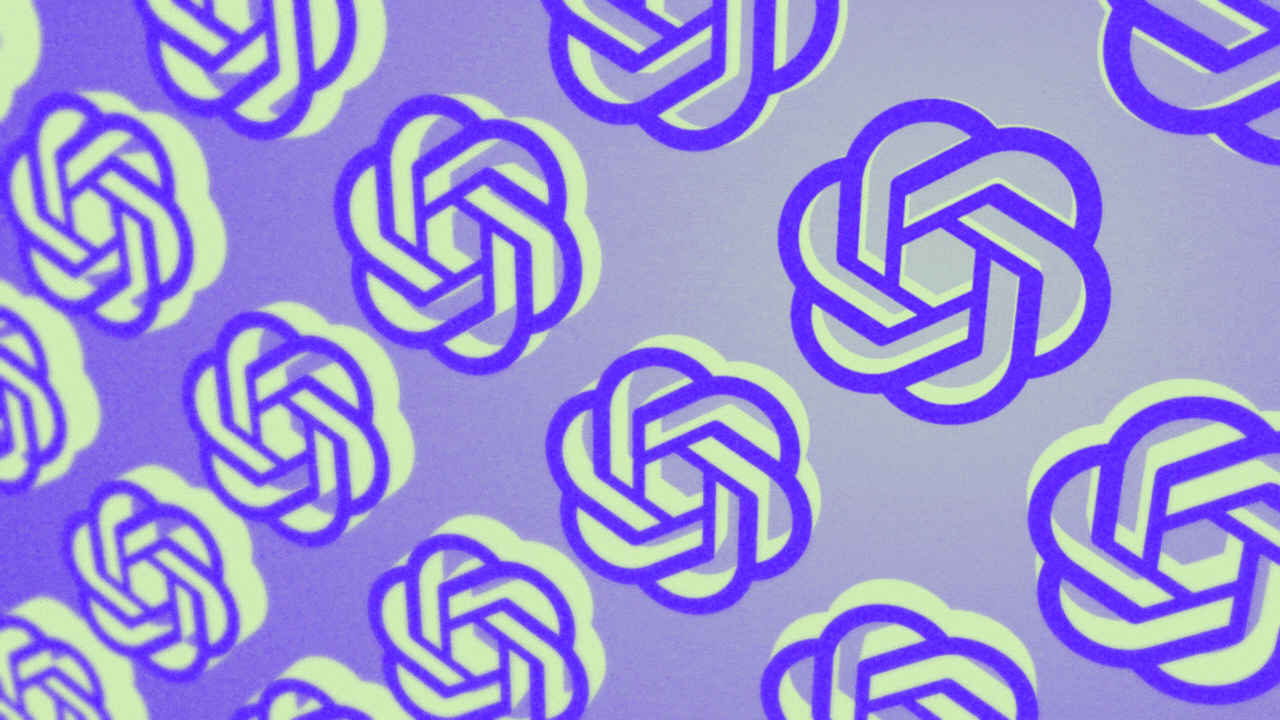 Animated illustration of a pattern of OpenAI logos, which rotate in diagonal rows. 