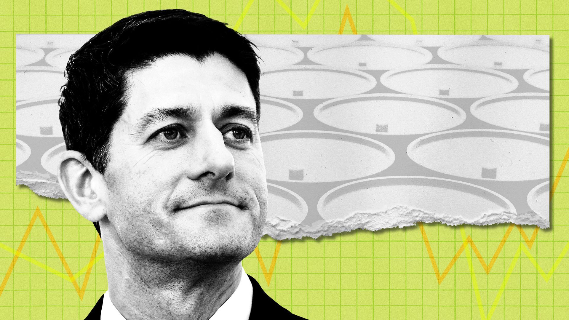 Photo illustration of Paul Ryan with a line chart and image of oil barrels