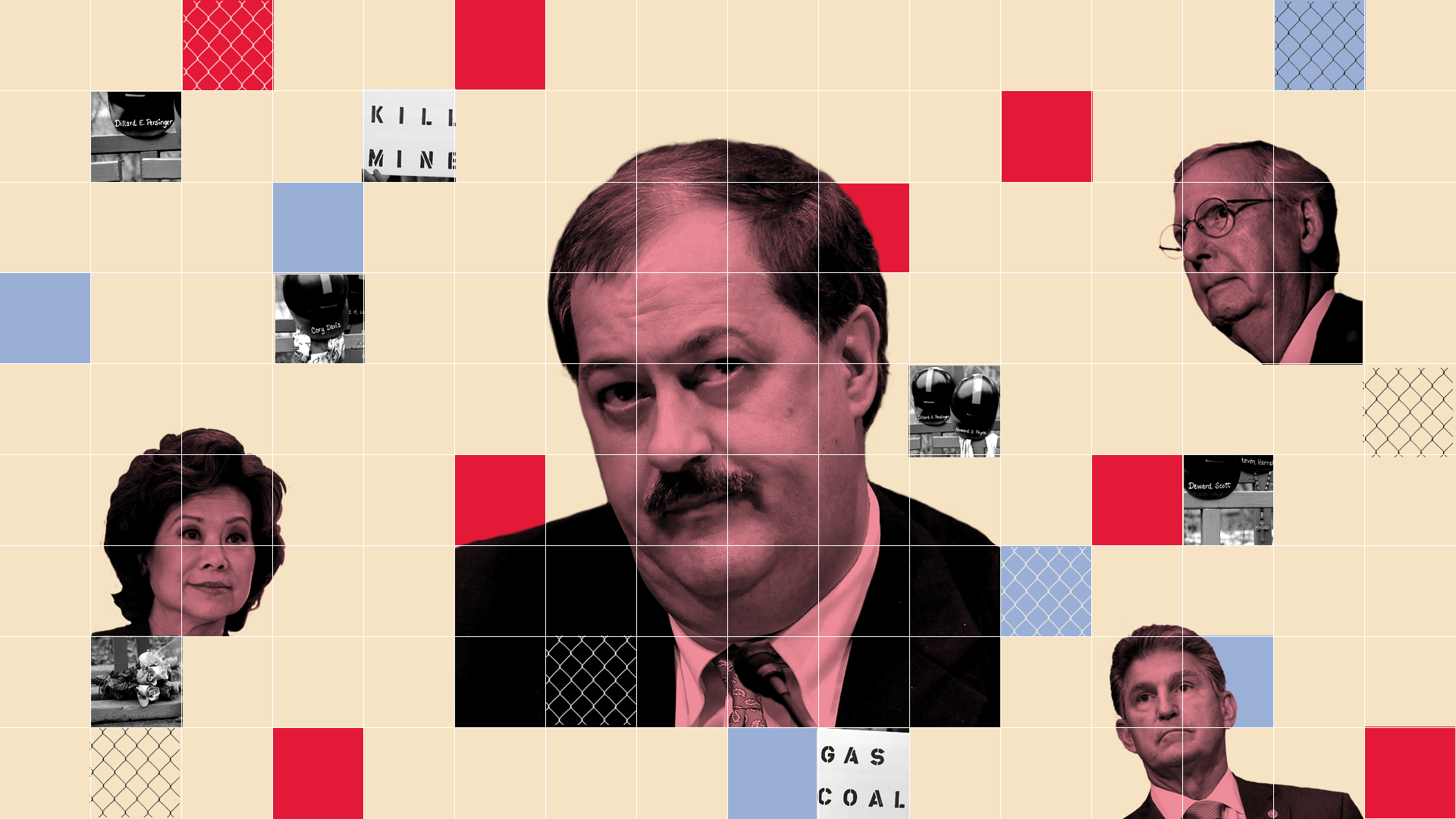 Don Blankenship surrounded by Elaine Chao, Mitch McConnell