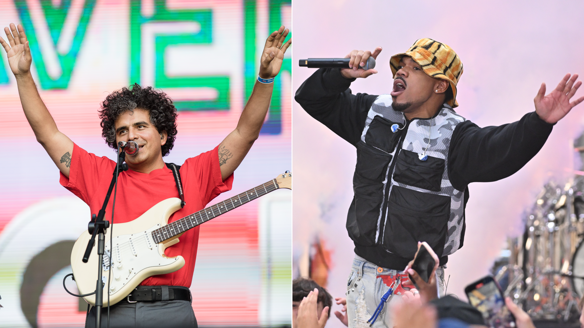 Two artists waving their arms in the air. 