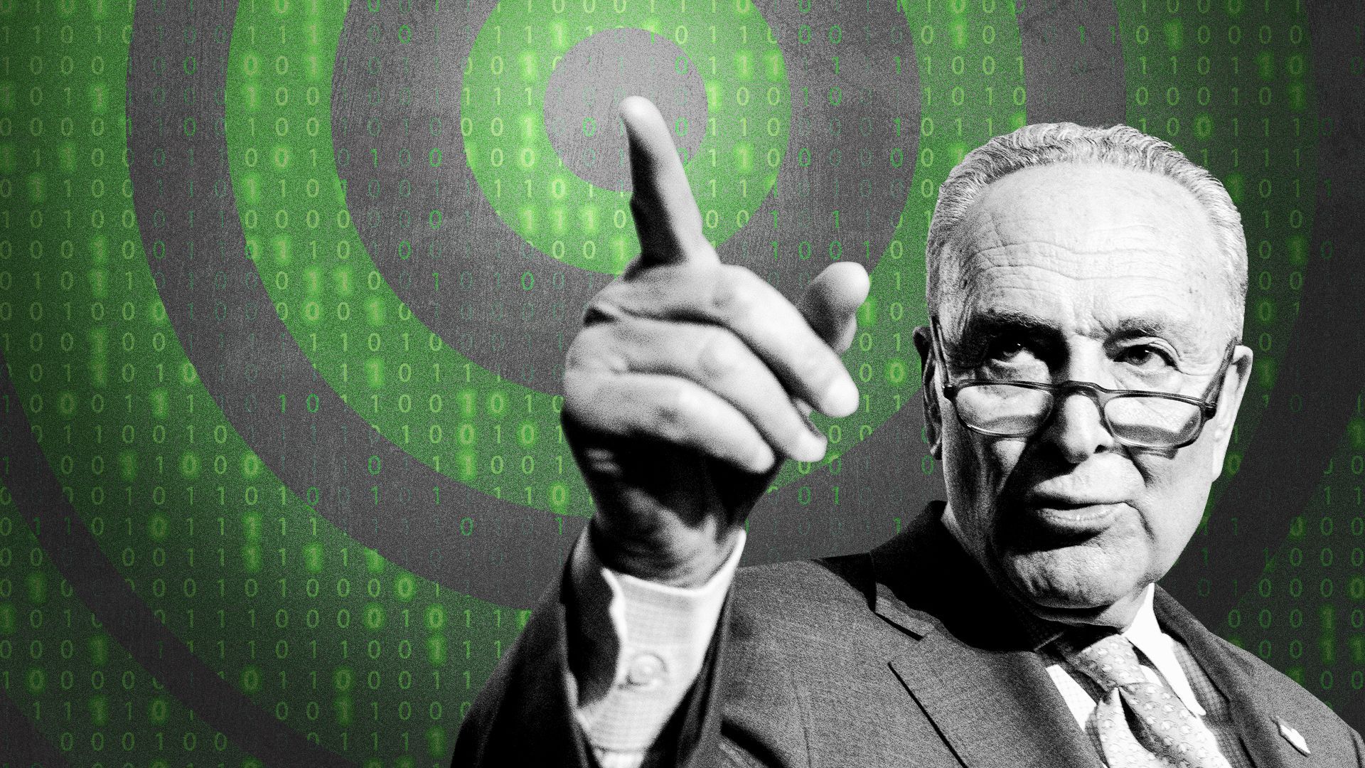 Photo illustration of Senator Chuck Schumer pointing his finger at a target made of binary numbers.