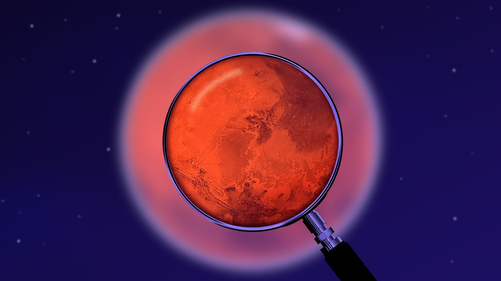 Illustration of a magnifying glass showing a focused section of an otherwise blurry Mars