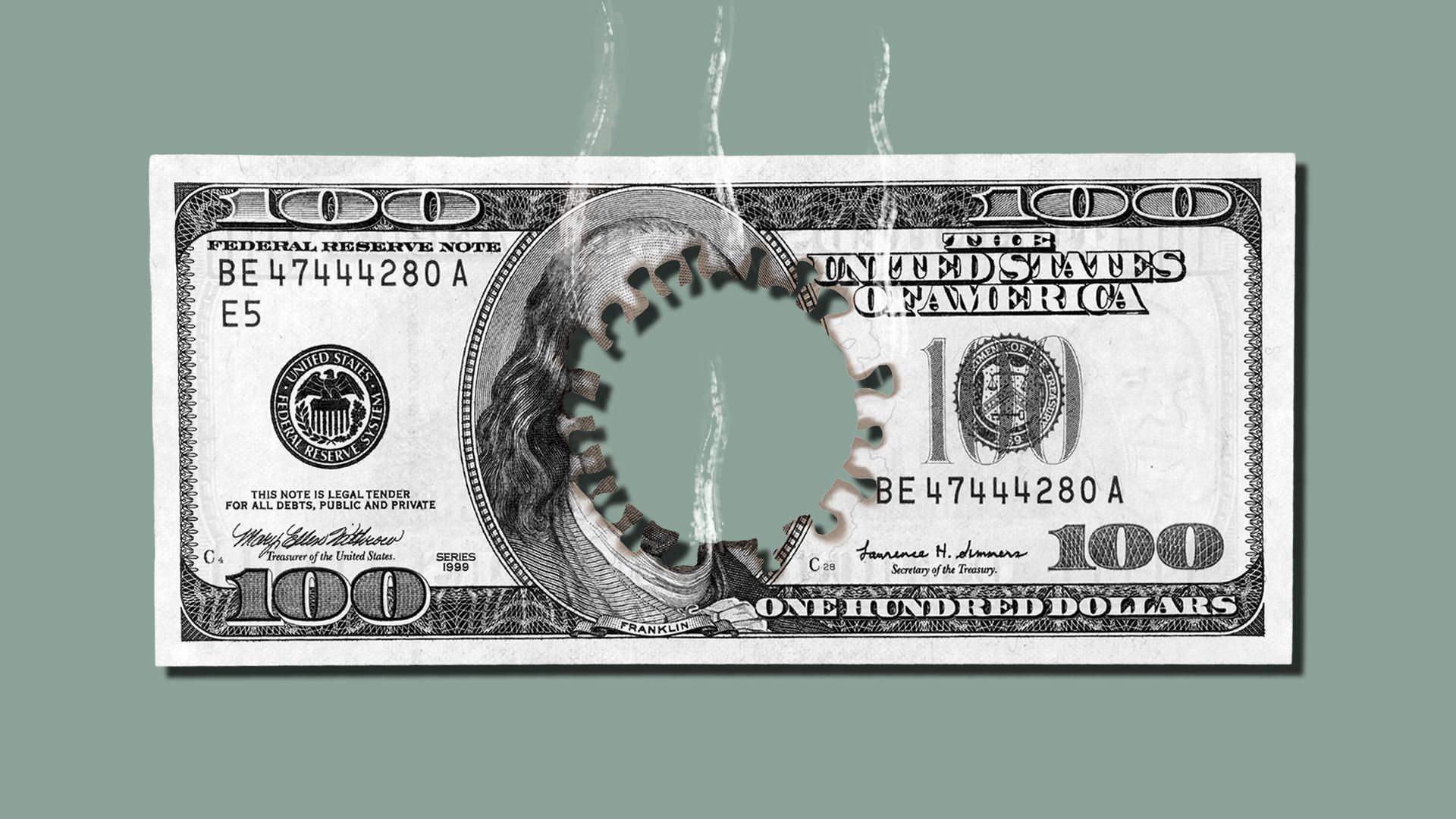 Illustration of a hundred-dollar bill into which coronavirus has burned a smoking hole.