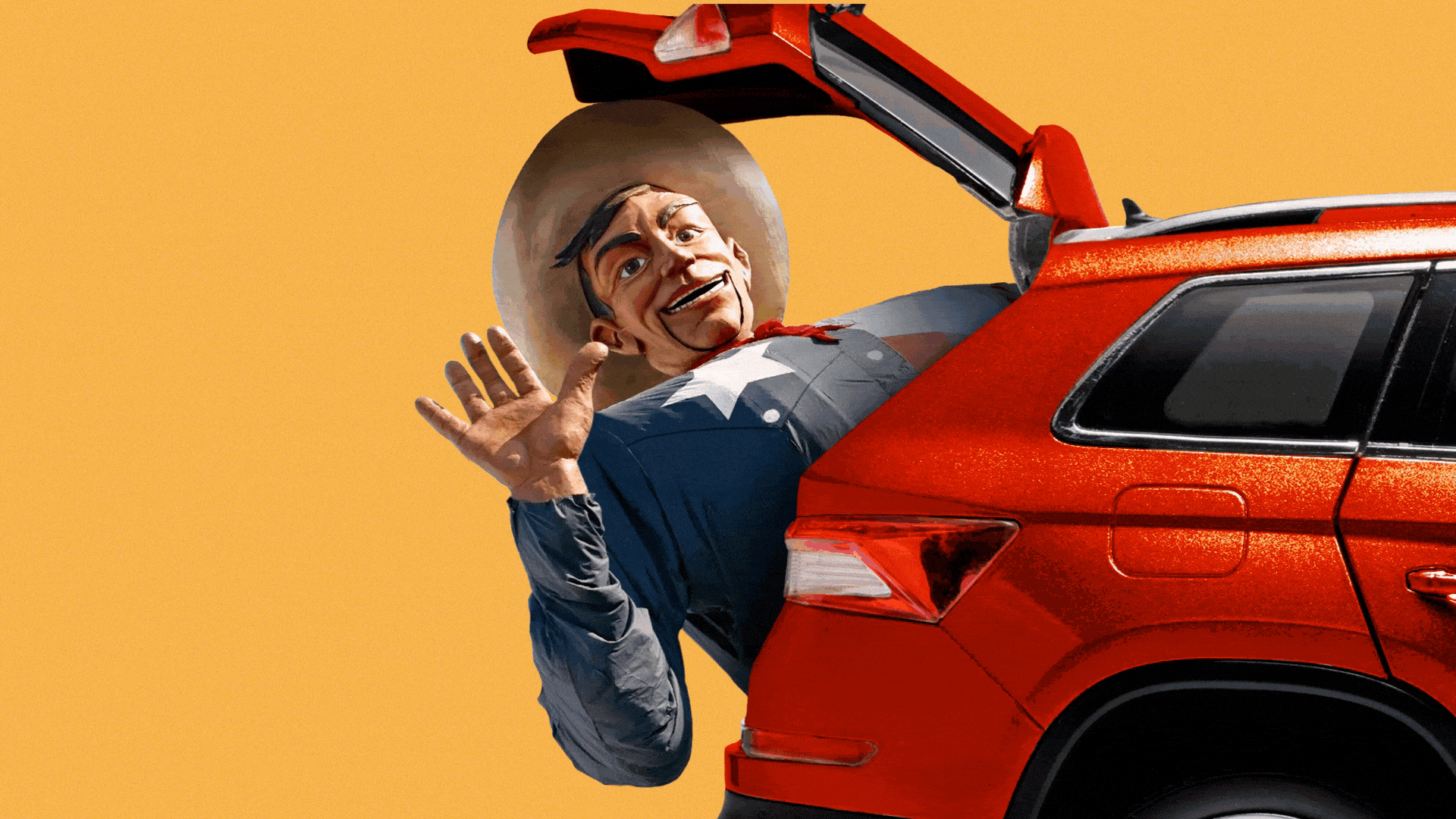 Photo illustration of the Big Tex statue waving from the trunk of a vehicle.