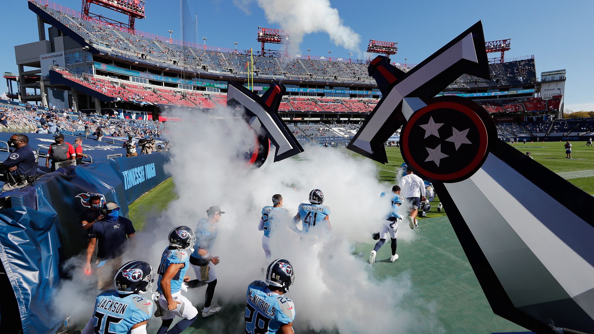 The Tennessee Titans take the filed for their game against the Chicago Bears at Nissan Stadium on November 08, 2020 in Nashville, Tennessee.