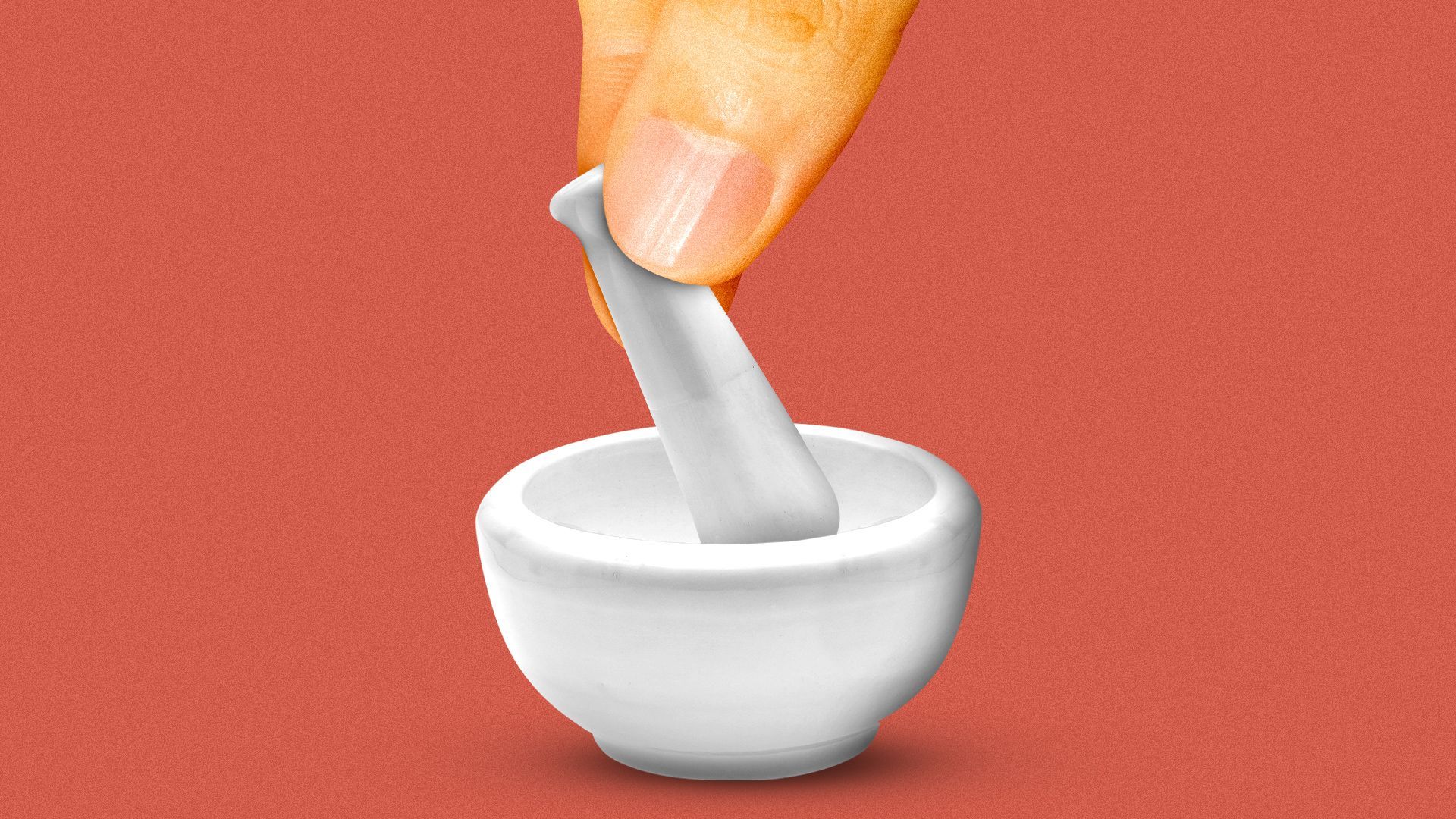 Illustration of a giant hand using a tiny mortar and pestle. 