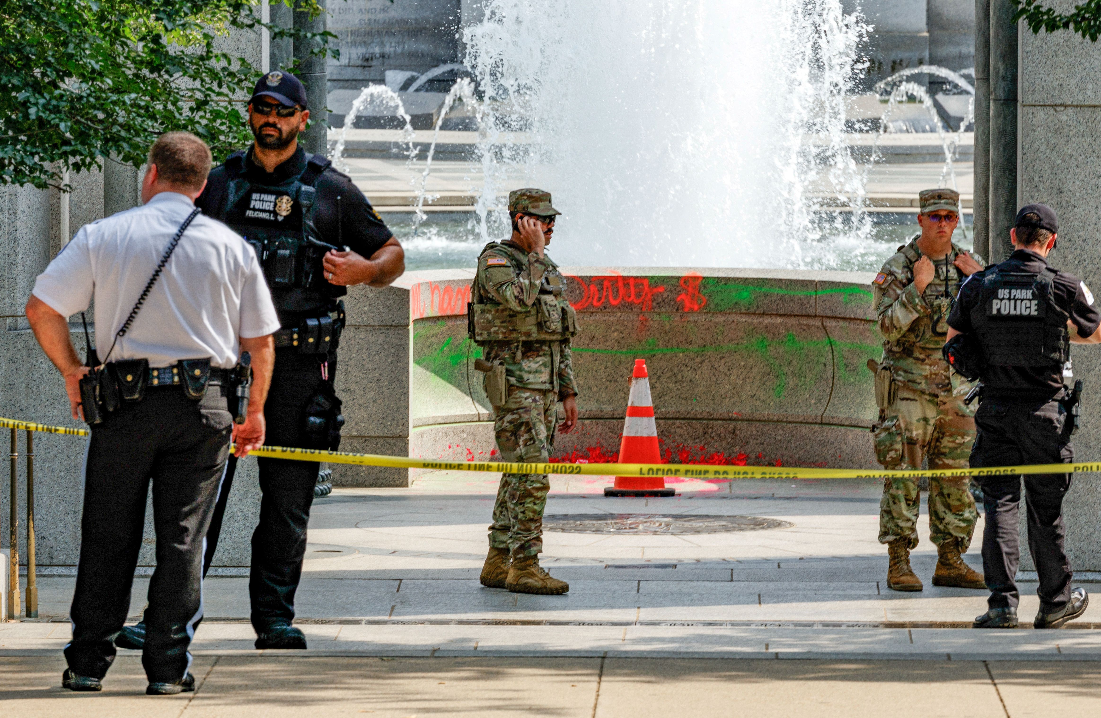 Vandalism can be seen at the World War II Memorial on August 13, 2026. (Photo by Tyler M. Andrews/The Washington Post via Getty Images)