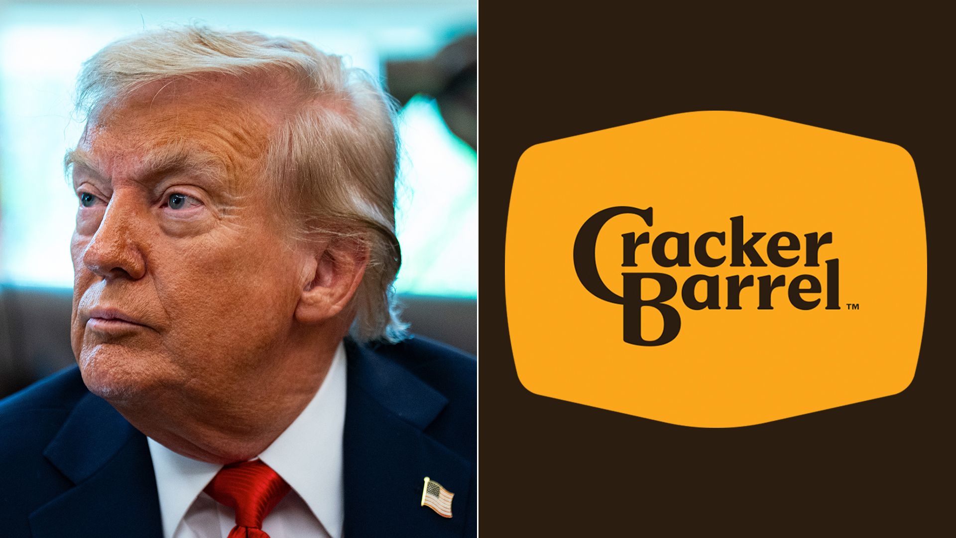 Side-by-side image with a close-up of a man with blond hair wearing a dark suit, white shirt, and red tie on the left; the Cracker Barrel logo in yellow and brown on the right.