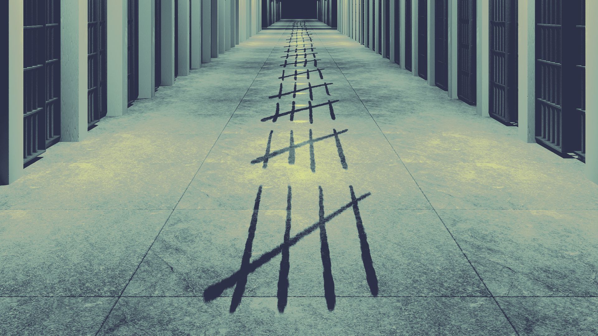Illustration of a jail corridor with tick marks running the length of the floor.