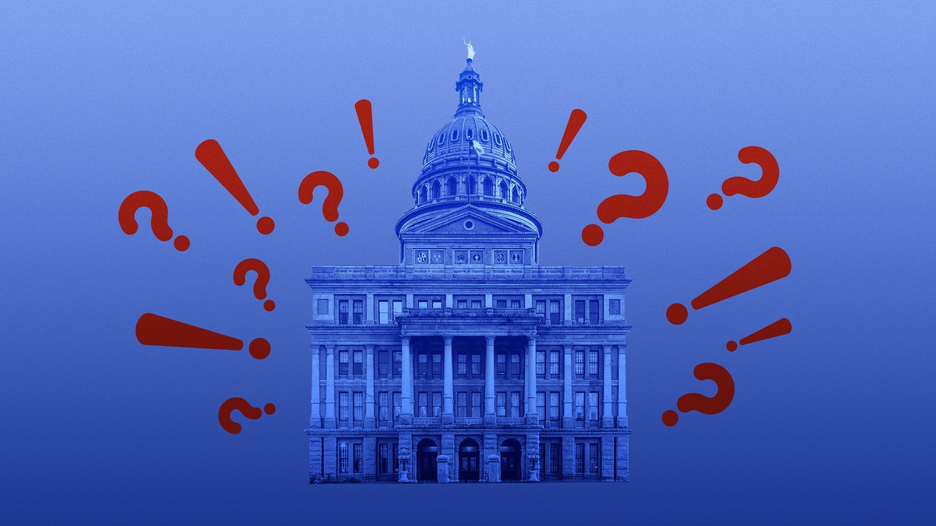 Illustration of statehouse with question marks and exclamation points around it
