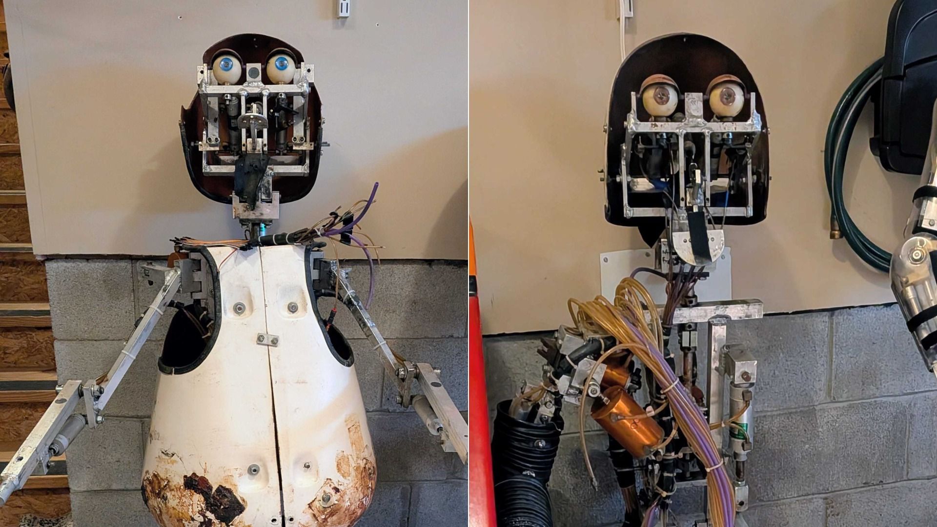 Split-screen image of an exposed animatronic head with two large eyes on a white torso, metal framework and loose wires visible; workshop setting.
