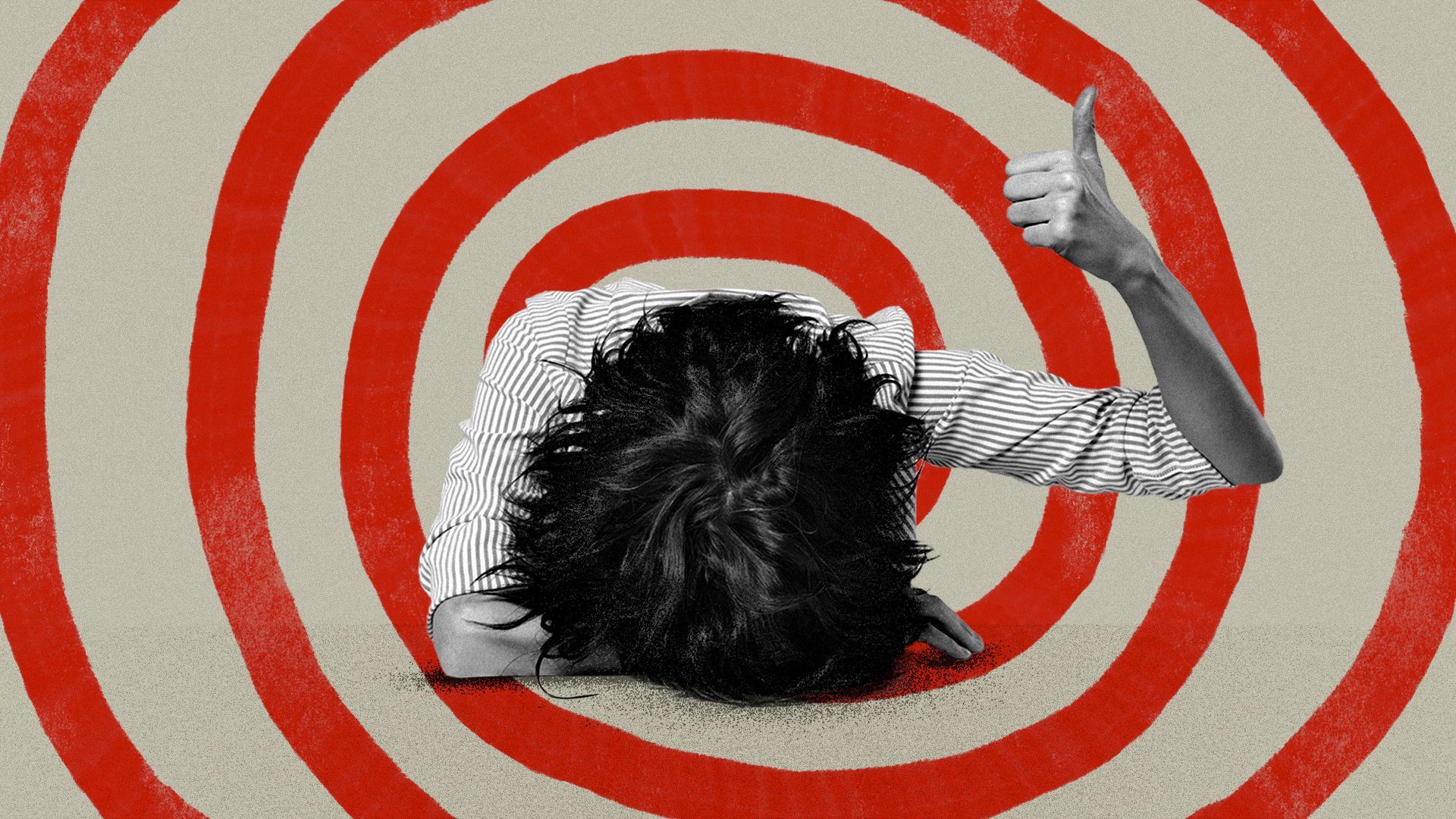 Illustration of a person with their head down on an abstract desk, exhausted, holding up a thumbs up with a red spiral pattern focusing in on them. 
